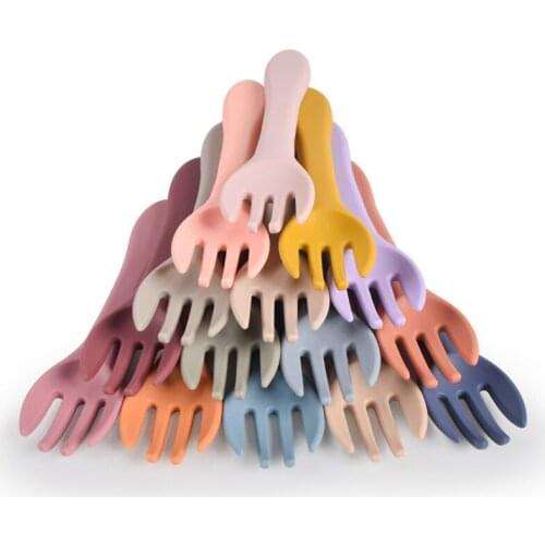 2pcs Baby Soft Silicone Spoon Fork Candy Color Safety Baby Learning Spoon Non-Slip Fork Children Kids Boy Girl Food Feeding Tool