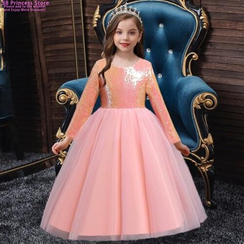 Kids Girls Longuette Sequins Skirt Christmas Birthday Party Dress Wedding Gown Formal Kids Dresses For Girls Teen Clothes Dress