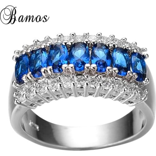 Bamos Fashion Female Blue Ring Bohemian Silver Color Jewelry Vintage Wedding Rings For Women Birth Stone Gift