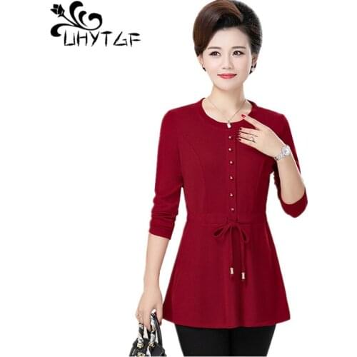 UHYTGF Autumn t shirt women long sleeves casual plus size tops female fashion single-breasted pullover elegant mom T-shirt 1446