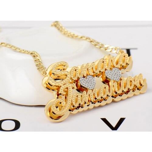 Custom Name Necklace Double Words Stainless Steel 3D Necklace Personalized Name with Heart Necklace Two-color Plating Jewelry