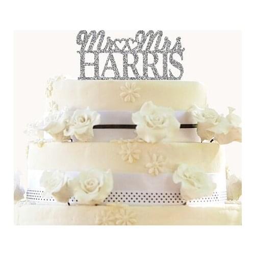 Personalized Mr & Mrs gold glitter cake toppers two hearts Design Custom Last Name Wedding Cake Toppers