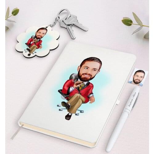 Personalized Men 'S Boss Caricature Of White Notebook pen And Keychain Gift Seti-2 Reliable Quality Gift Casual design