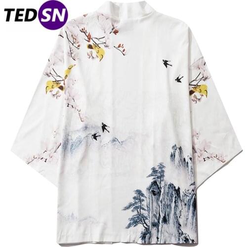 Japanese Kimono Jacket Men Birdy Floral Print Front Open Coats 2021 Summer Harajuku Japan Streetwear Loose Shirts