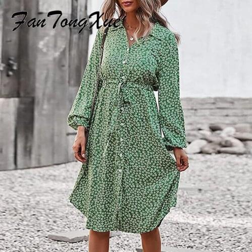 Fall Dress for Women Dot Print Button Lace Up Slit Office Lady Dress Green Women Straight Long Sleeve V Neck Knee Length Dresses
