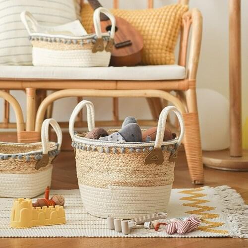 Handmade Woven Storage Basket Cotton Corn Bran Organizer Barrel Toys Dirty Cloth Organization Home Kids Room Nursery Decor