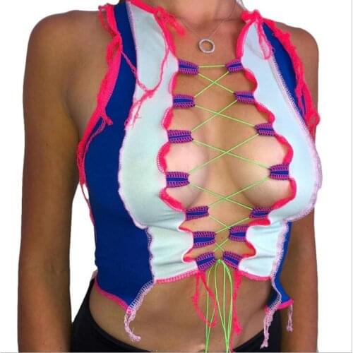 Sexy vogue knitting hollow out camisole leisure Fashion contrast color straps hollow sexy slim vest women street wear