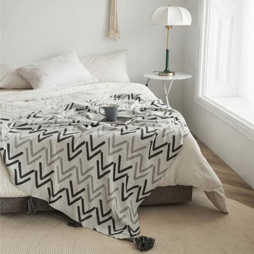 Papa&Mima Grey American Style Geometric Knitted Summer Quilted Tassel Thread Blanket Throws Cotton Air-conditioner Bedspread