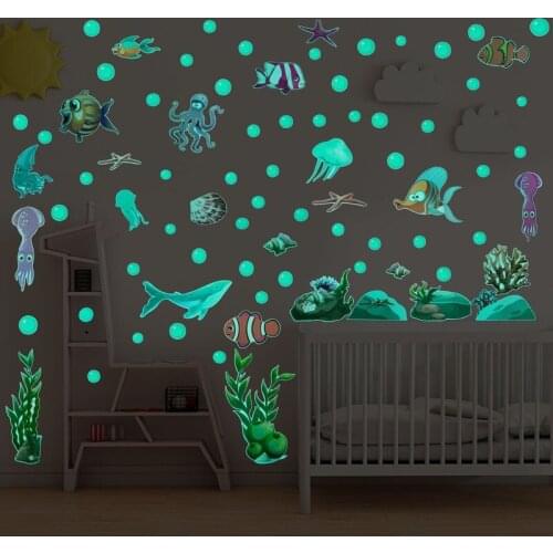 Blue Underwater World Luminous Wall Sticker for Kids Children Rooms Home Decor Living Room Waterproof self-adhesive Wallpaper