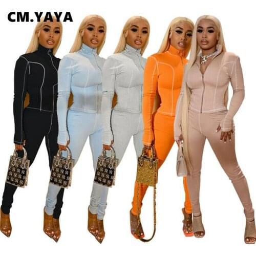 CM.YAYA Fall Solid Zipper Stand Collar 2 Piece Set Women Skinny Full Streetwear Two Piece Outfit Women Sportwear 2021
