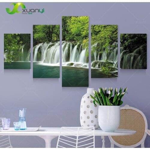 5 Panel Waterfall Modern Painting Forest Landscape Oil Painting Canvas Wall Art Picture Decoration For Living Room Unframed