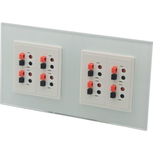EU Standard 2 Gang 80 Style 8.0 Speaker Spring Clip Female To Female Wall Plate With Toughened Crystal Glass Panel