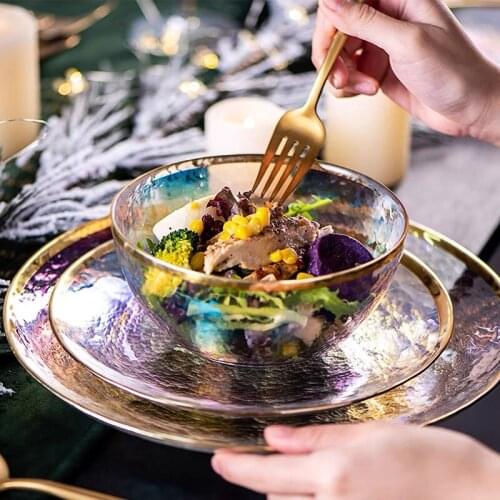 ANTOWALL Dazzle color painted gold glass bowl dish seven color transparent hammer grain glass plate salad bowl fruit bowl wester