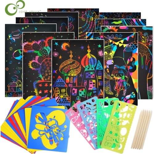 Magic Color Rainbow Scratch Art Paper Card Set Graffiti Stencil for Drawing Stick DIY Art Painting Toy for Children Gift GYH