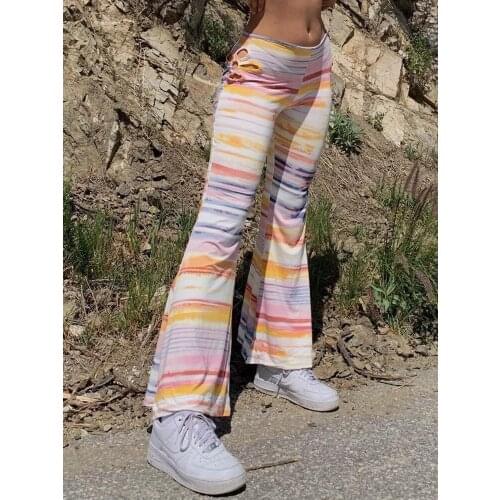 Women’s Casual Flare Trousers Fashion Colorful Striped Flower Hollow High Waist Long Pants Streetwear Chic Bell-Bottoms Pants