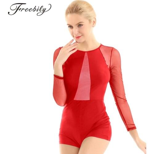 Women One-piece Round Neck Long Sleeves Mesh Ballet Dance Biketard Jazz Gymnastics Leotard Bodysuit Adult Dance Wear