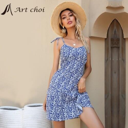 Women Sexy Mini Spaghetti Strap Dress Summer Floral Skirt Sundress Sleeveless Backless Bodycon Ladies A-Line Slim Party Vestido