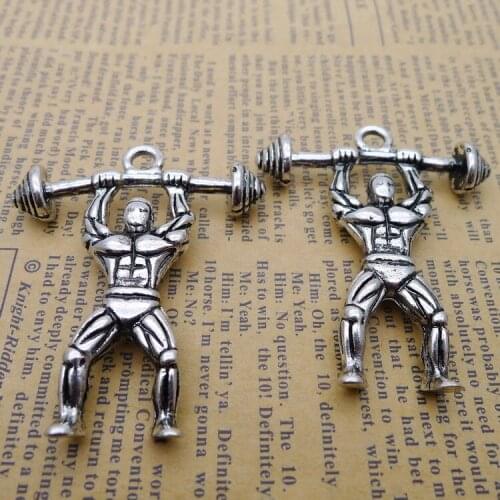 Newest 1Pcs 43*51mm Antique Silver Plated Alloy Weight Lifter Charms Keychain Pendant Accessories Charms For Diy Jewelry Making