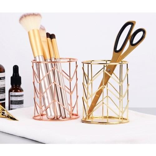Rose Gold Metal Pen Holder Nordic multifunctional Wrought Iron Makeup Brush Box Case Desk Stationery Decor