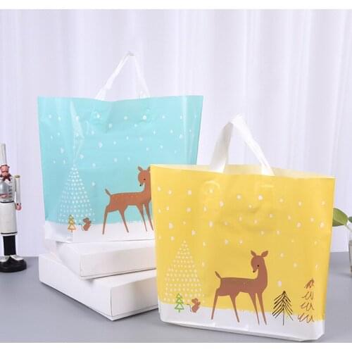 Big Size Christmas Elk Print Plastic Clothes Handbags 10pcs Shopping Packaging Gift Yellow Blue Pouches With Handle