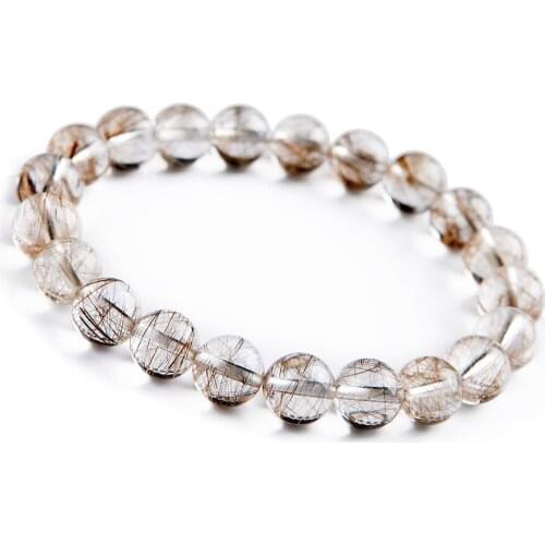 9mm Brazil Natural Rutilated Quartz Crystal Round Bead Bracelet Stretch Clear Natural Rutilated Quartz Bracelet Women Men