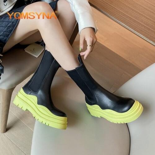 YQMSYNA Fashion Womens Boots Genuine Leather Round Toe Thick Bottom Chelsea Boots Concise Non-slip Office Commute Shoes AS312