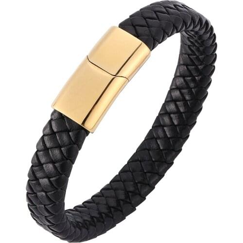 Fashion Men Bracelet Black Braided Leather Bracelet Gold Stainless Steel Magnetic Buckle Male Bracelet & Bangles Gift PD0229