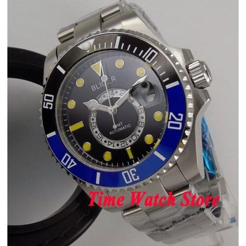 Bliger 43mm black dial Luminous black blue Ceramic Bezel sapphire glass GMT Automatic movement Mens watch 203