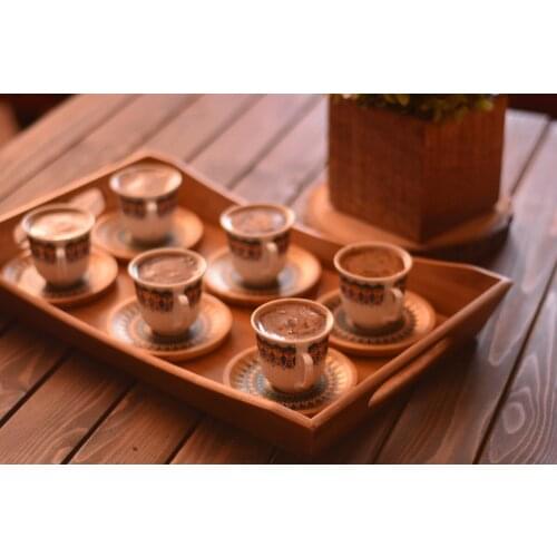 Kallavi Set of 6 Coffee Cups Red - Blue | Bamboo Saucers | Porcelain Cups | Home - Kitchen | made in Turkey | Free Shipping