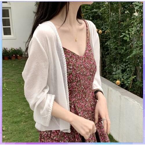 Womans Beach Smock Sexy Long Sleeve Mesh Perspective Cover Up For Daily Lace Sunscreen Summer Thin Cardigan Jacket Female Top