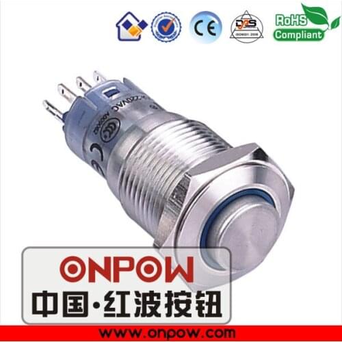 ONPOW 16mm high head latching ring illuminated stainelss steel push button switch anti-vandal LAS2GQH-ZE/R/12V/S