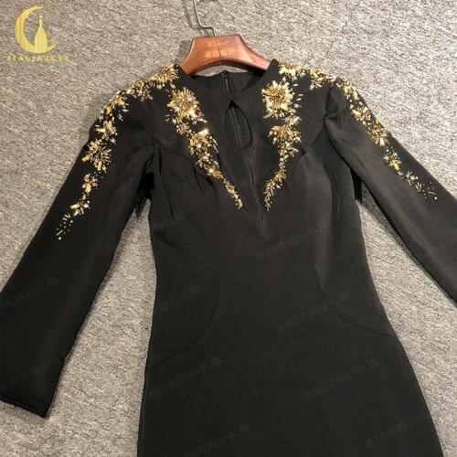 Rhine Real picture Marchsea Long Sleeves Satin with Gold Beads платья женские dress women evening dress long formal dresses