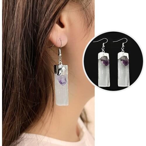 Pomlee Korean Style Natural Stone Earrings for Women Gypsum Crystal Amethyst Energy Pendant Long Earring Jewelry Accessories Hot