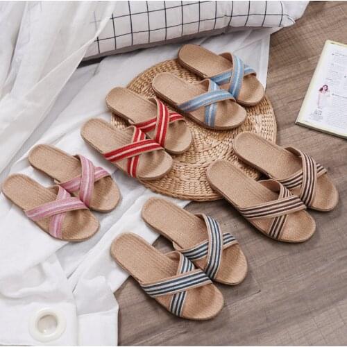 Hot Sale Couple Indoor Floor Flat Linen Slippers Women/Men Summer Home Flip Flops Ladies Flax Bow Sandals Beach Breathable Shoes
