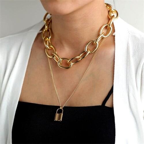 VKME Multilayer Thick Chain Lock Necklace For Women Chokers Necklaces Drop shipping Charm jewelry Fashion accessories new