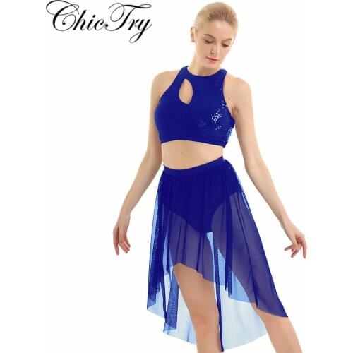 Sequins Women Female Ballet Dancewear Stage Performance Ballet Outfits Tank Top High-Low Latin Dance Tulle Dress Lyrical Costume