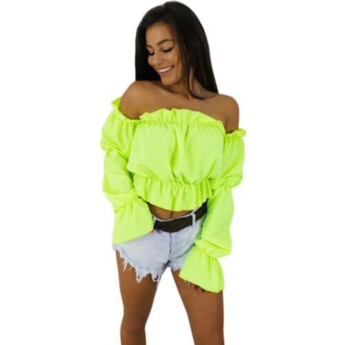 2019 Candy Color Off Shoulder Crop Tops women Summer dot print lantern sleeve shirts neck beach blouse