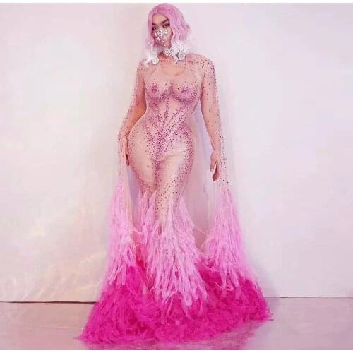 Rose Rhinestone Mesh Fringe Tail Floor-length Dress Birthday Celebrate Prom Wear Women Dancer Evening Party Show Dresses