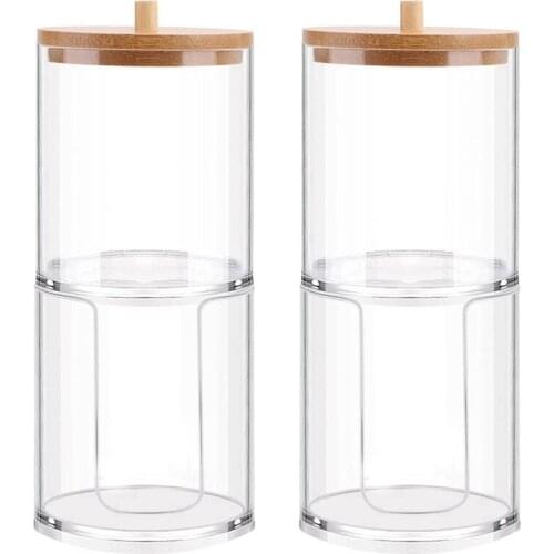 2PCS Cosmetic Cotton Storage Tank Acrylic Cosmetic Storage Box with Bamboo Cover Portable Container