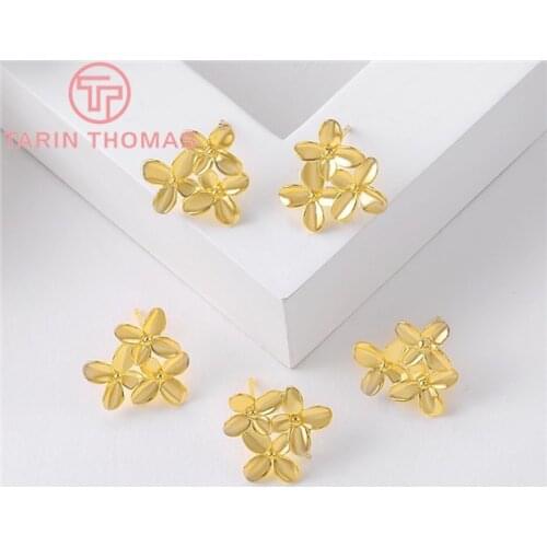 12PCS 15x16MM Hole 1MM 24K Gold Color Brass Three Flowers Stud Earrings High Quality Diy Jewelry Findings Accessories