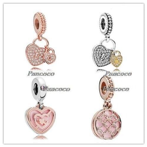 925 Sterling Silver Bead Charm Rose Gold Love Heart Lock With Crystal Beads Fit Pandora Bracelet & Necklace Jewelry