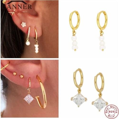 CANNER Luxury Square Zircon Pearl Real 925 Sterling Silver Hoop Earrings for Women Round Piercing EarRing Jewelry pendientes