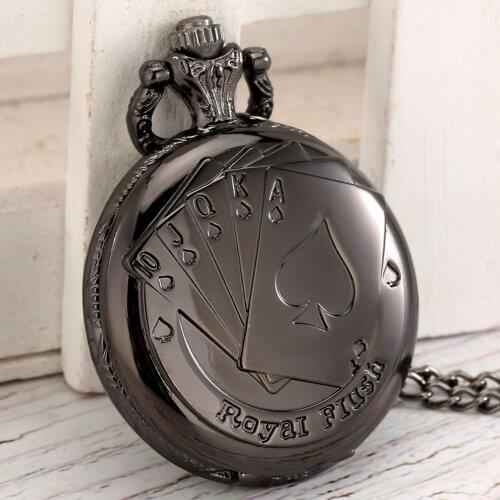 Poker Exquisite Pocket Watch Royai Fiush Black Cover Poker Stars Roman Numerals Quartz Dial Alloy Pendant Chain Gift For Friends