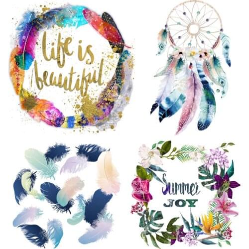 Fashion Feather Letter Patches For Clothing Stickers Iron On Transfers For Clothes HeatTransfer Patches On Clothes Flower Stripe