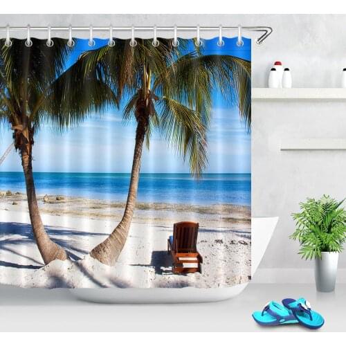 Sea Beach Shower Curtains Coconut Tree Summer Seaside Scenery Pattern Bath Screen Decor Waterproof Shower Curtain For Bathroom