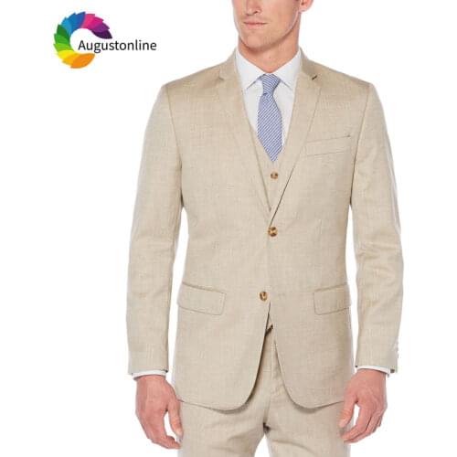 Champagne Linen Mens Wedding Suits Man Blazer Masculino Slim Fit Casual Groom Tuxedo Men Suit 2018 3Piece Jacket Pant Vest