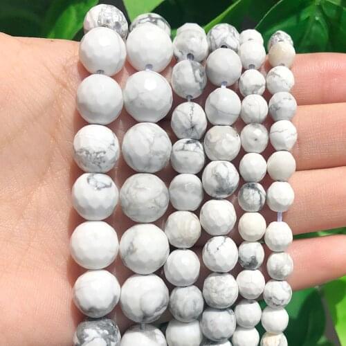 Natural Faceted Minerals Stone White Howlite Turquoises Round Loose Beads 15'' 4 6 8 10 12mm for Jewelry Making DIY Bracelets