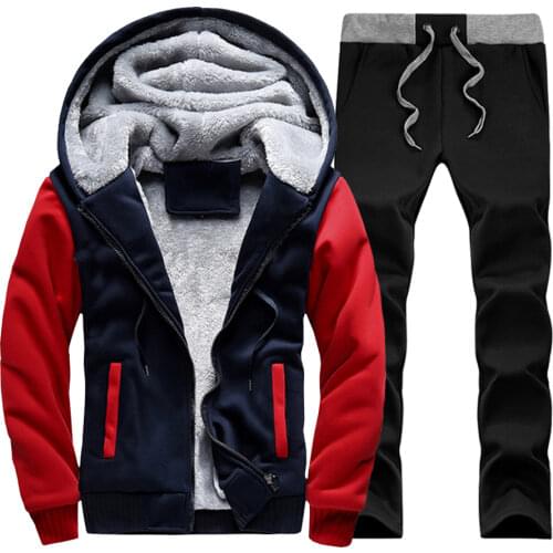 Casual Mens Tracksuit Winter Patchwork Men Set Thick Fleece Jackets + Pants 2 Pieces Sets Warm Hoodie Suits Mens Sportswear