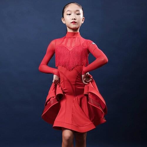 2021 Latin Dance Dress Girls Samba Dance Costume Mesh Sleeve Fringe Latin Competition Dress Kids Cha Cha Show Stage Wear BL5635
