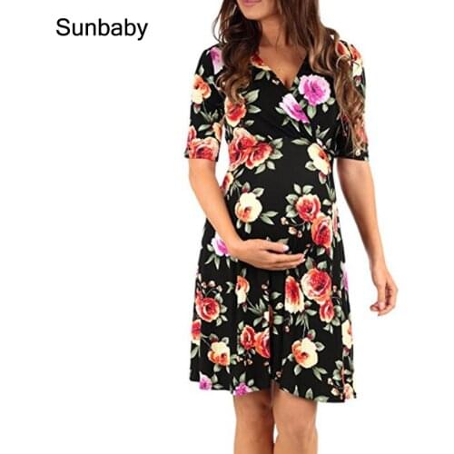 Sunbaby maternity dresses An a-line with sleeves in A printed derss pregnant Q0322